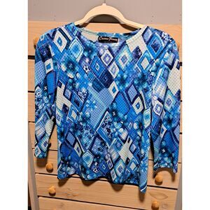 Cactus Flower Blue Sparkle Geometric Top – Size Small- boho, sparkle, chic